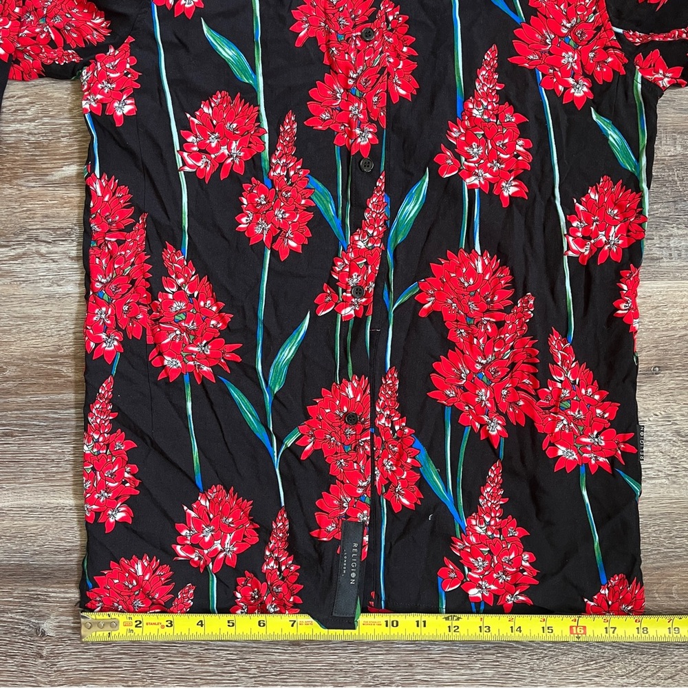 NWT ASOS Religion Revere Black Collar Button Down Shirt w/ Red Floral Print - Picture 15 of 16